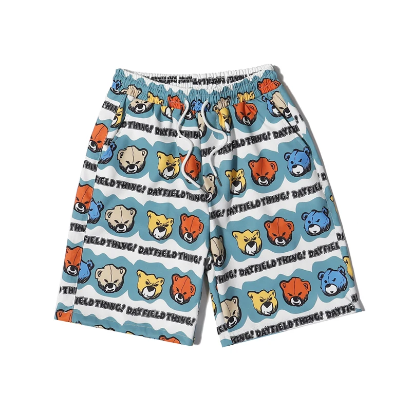 Street wear fashion Little bear print sweat shorts polyester stretch Quick dry stripe swimshorts men streetwear