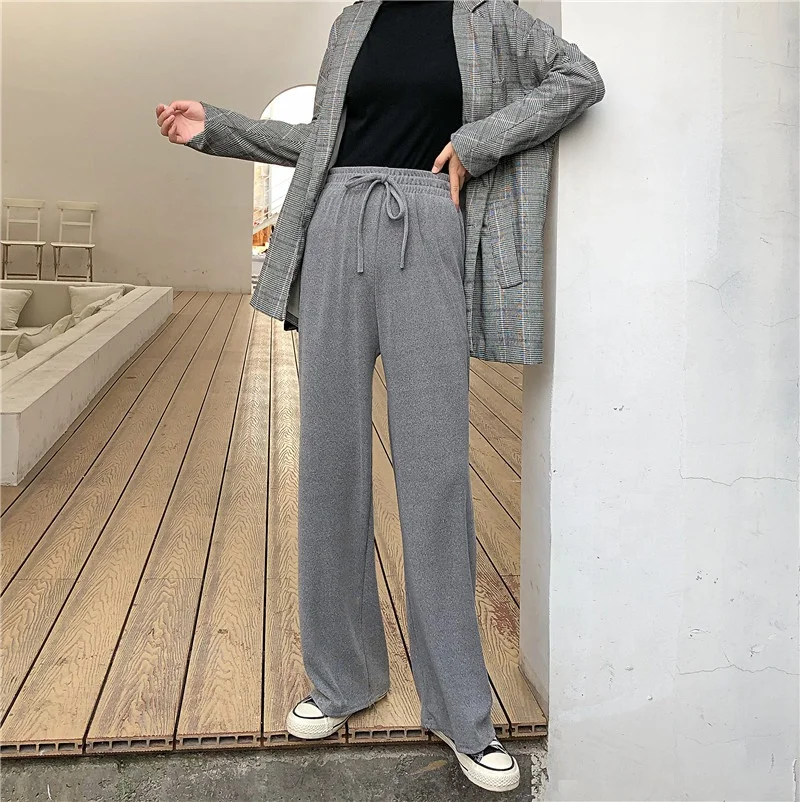 Women Casual Loose Fit Knitted Elastic Waist Drawstring Full Length Wide Leg Pants Plain Colors Trousers