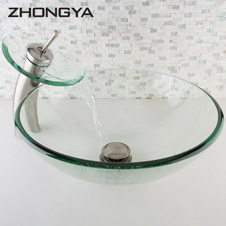 ZHONGYA Modern Glass Vessel Sink Above Counter Bathroom Vanity Round Glass Washing Basin
