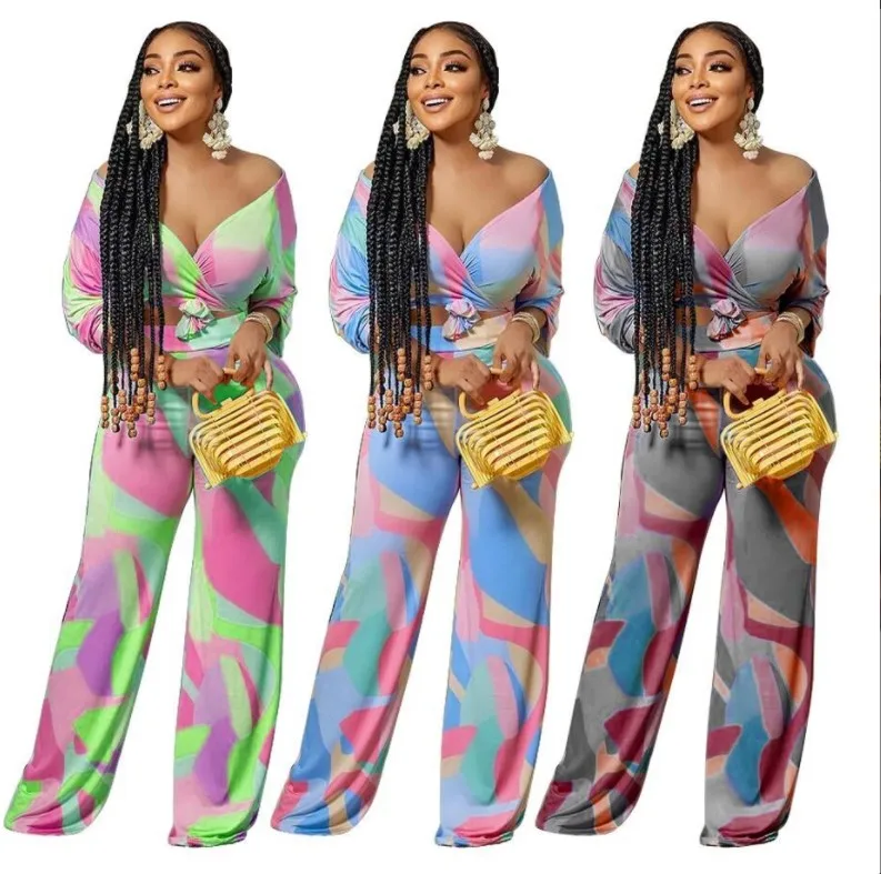 fall 2022 women clothing tie die long sleeves knotted crop top with wide leg pants colorful 2 piece pants set