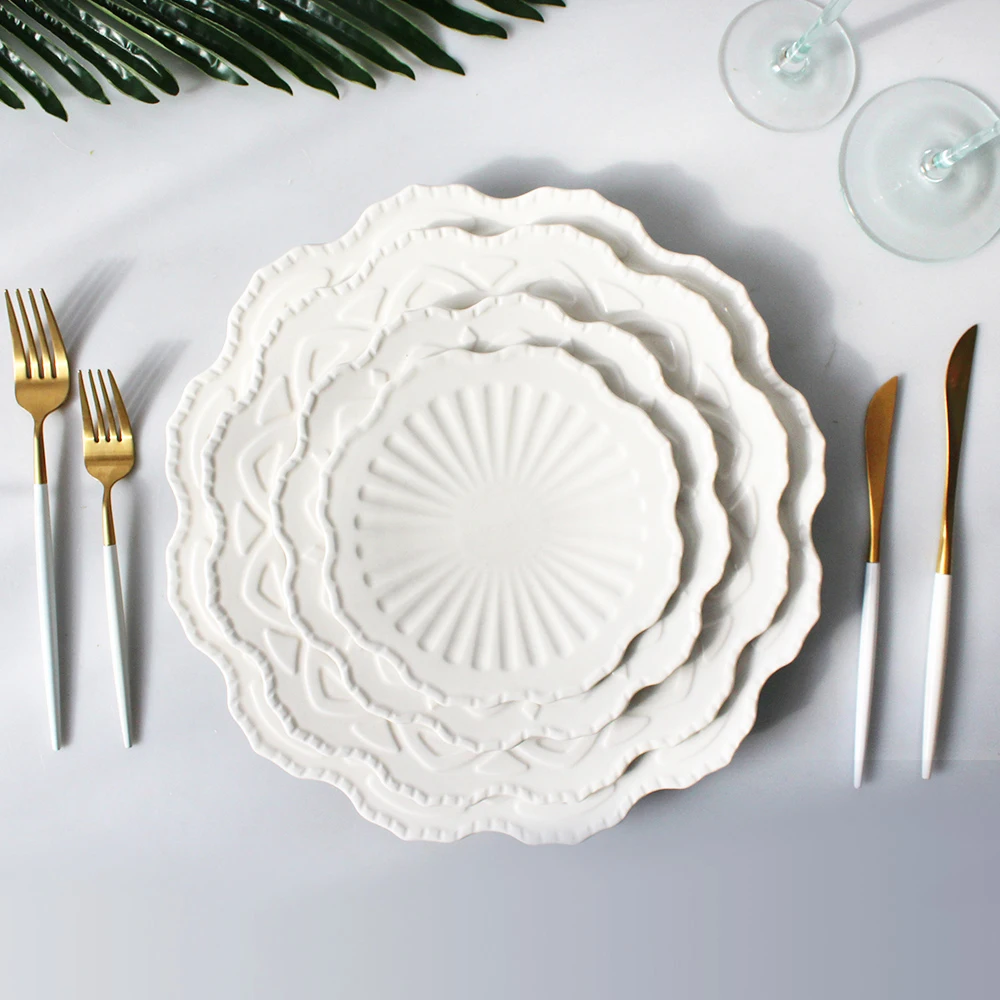 JACOTTA 2022 New Design White Embossed Plates Dinnerware Sets New Bone China Dishes&Plates