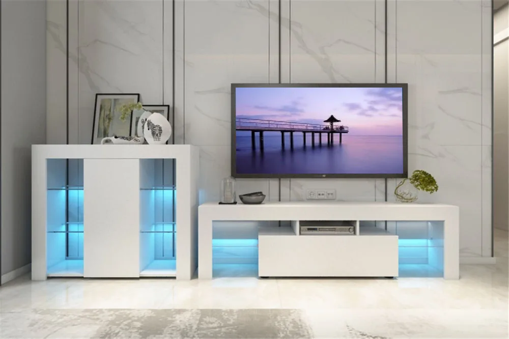 
200CM TV Stand Cabinet LED Light High Gloss with Storage Cupboards & Glass Shelf Living Room Furniture 