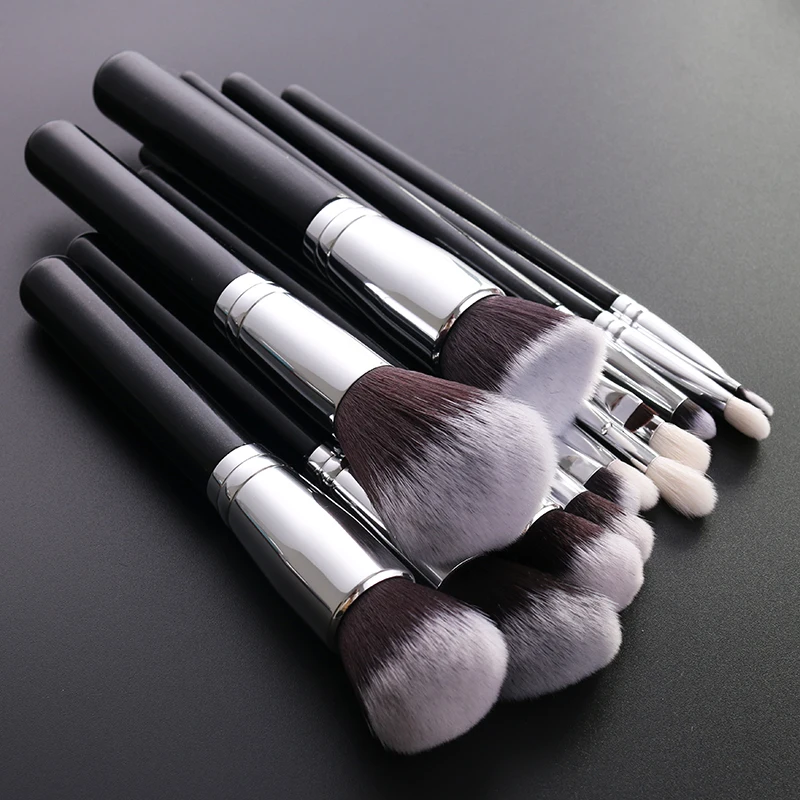 IPRESTA high quality 15pcs makeup brush set with luxury shiny black handle foundation highlight eyeshadow eyebrow brush