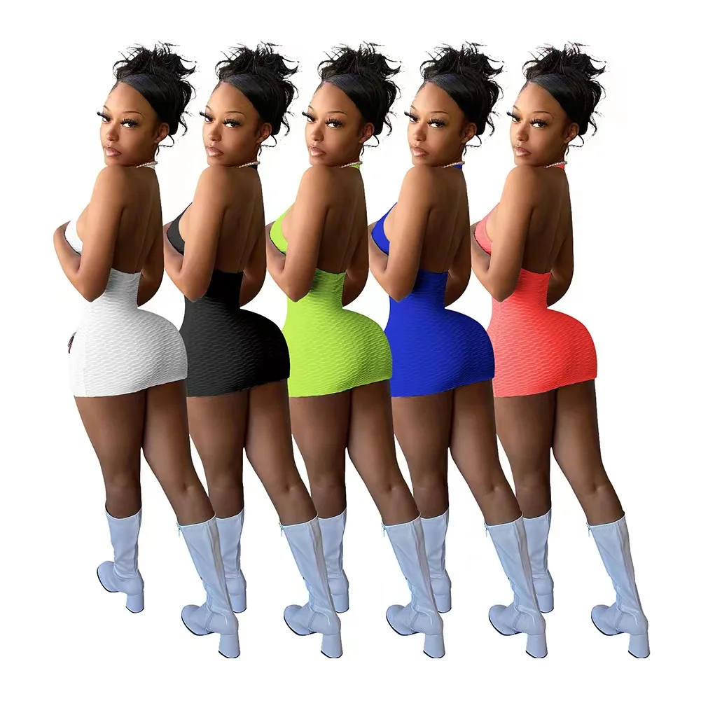 Custom Private Label Streetwear Women Summer Clothes Sexy Halter Bodycon Party Dress Slim Fit Open Back Tropical Dresses Women