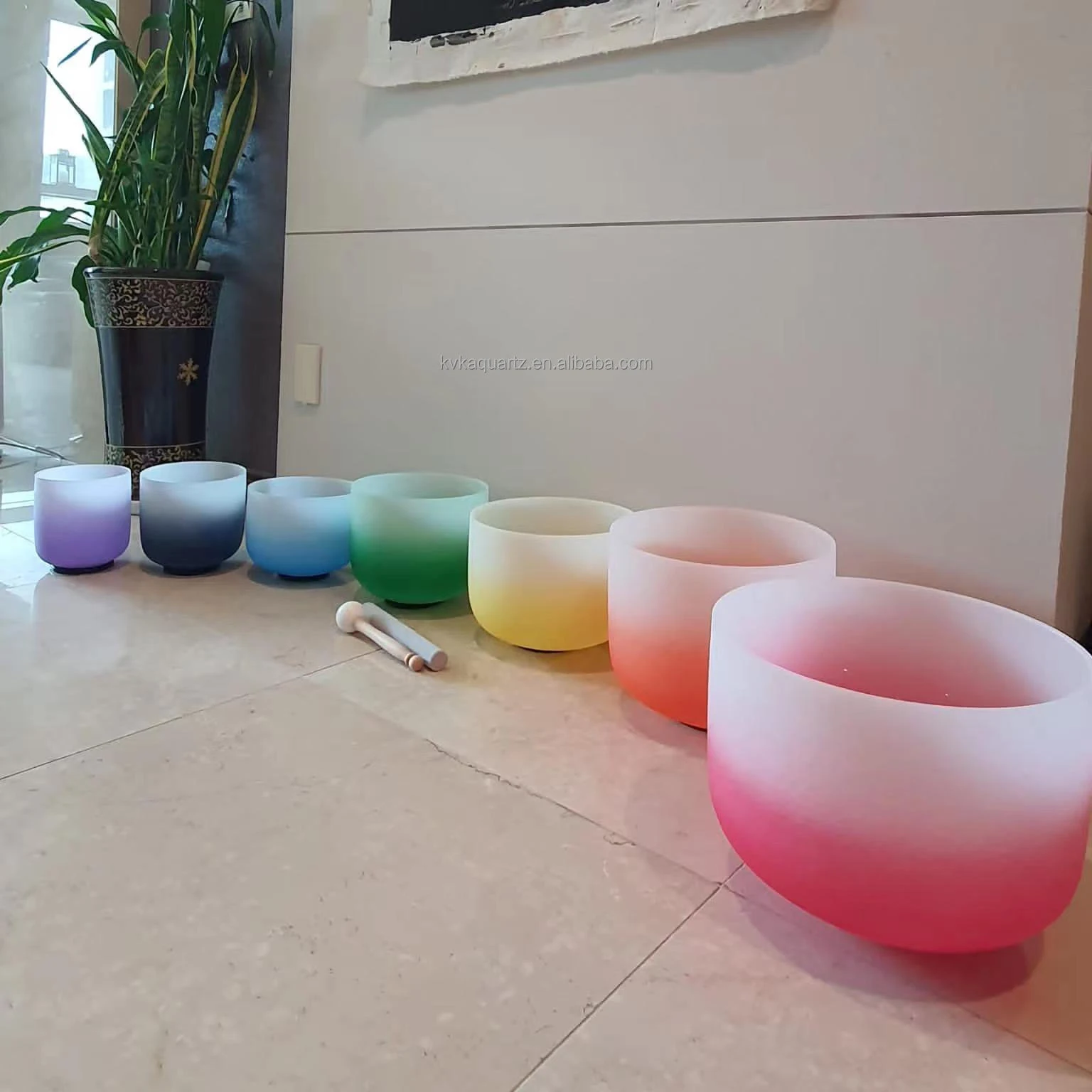 KVKA 8-14 Inch Half Colored Chakra Frosted Quartz Crystal Singing Bowl Gradient Design With Cases