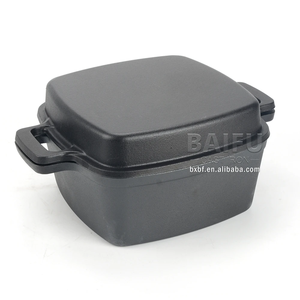 Pre seasoned or enameled with lid used as frying pan 2 in 1 combo cooker square cast iron double dutch oven