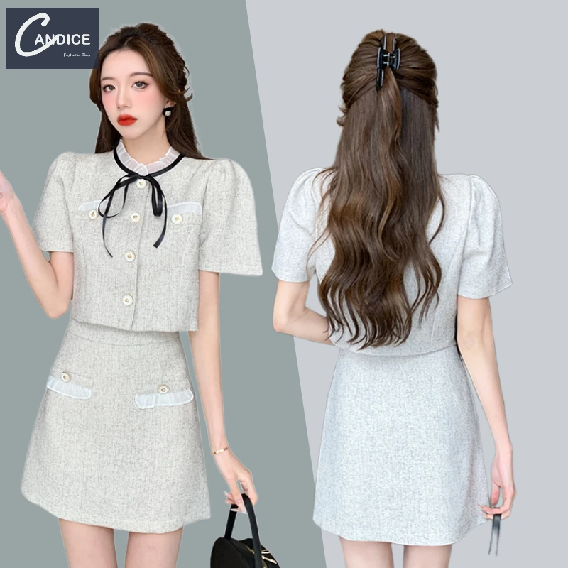 Candice 2023 summer high quality elegant tweed short sleeve mini skirt and top set for women 2 piece