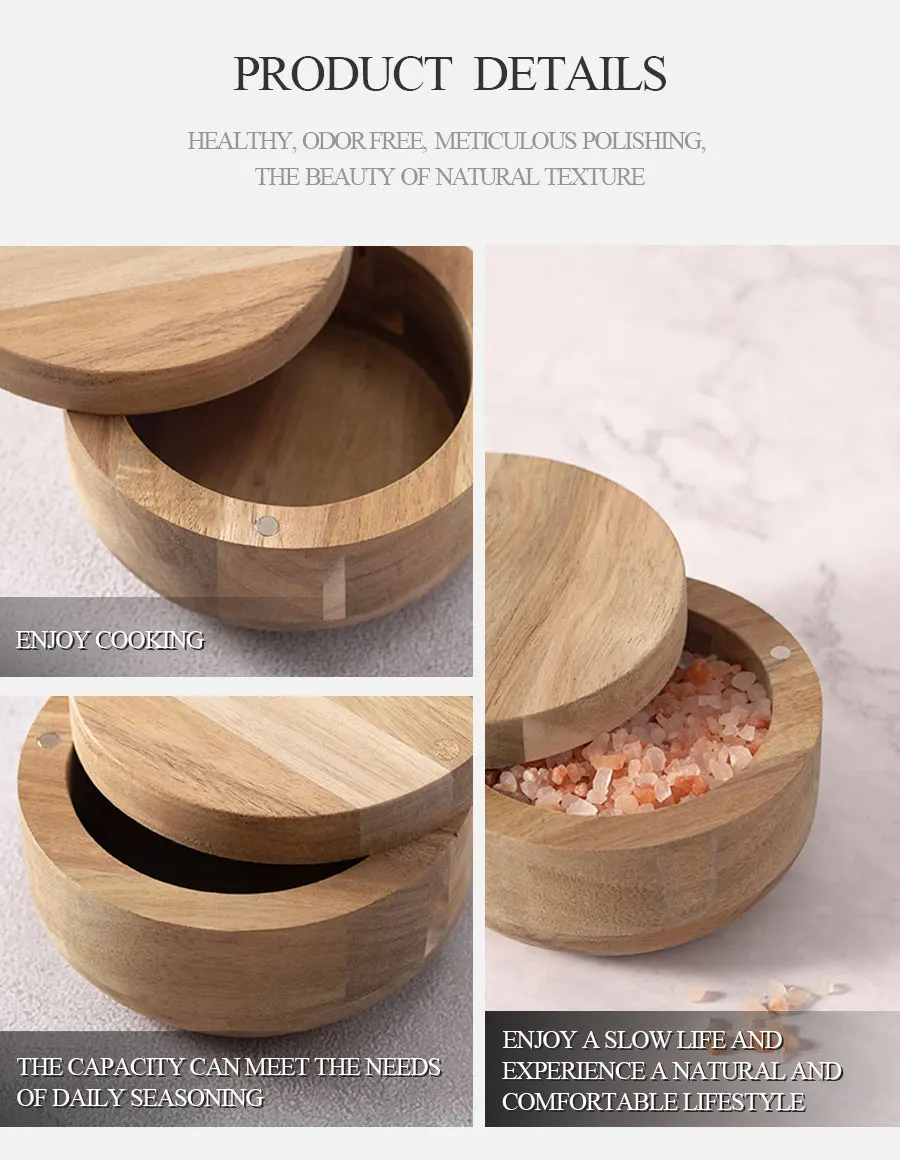 Woodsun Magnetic Swivel Lid Salt And Pepper Box Round Wooden Salt Box