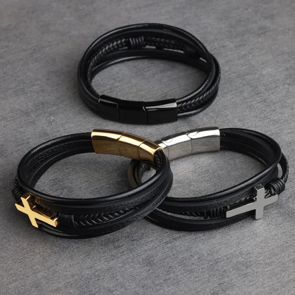 Stainless Steel Gold Plated Cross Bracelet Genuine Leather Removable Clasps Men Gift Bangle