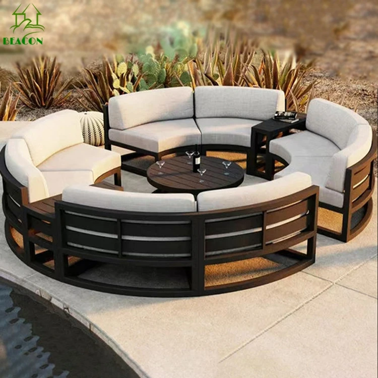 Luxury Hotel Metal Frame Outdoor Sectional Lounge Sofa Set Round Aluminum Garden Sofa Patio Furniture With Waterproof Cushion