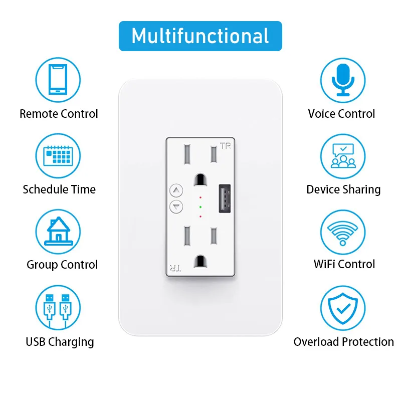 15amp 125V Smart Wifi US Decorator Duplex Electrical Wall Receptacle Outlet Socket With Tamper Resistant