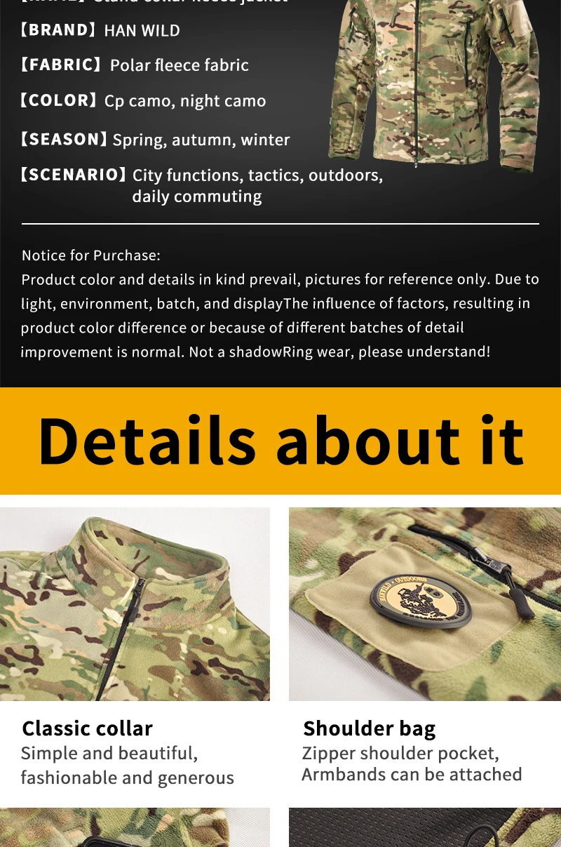 HAN WILD Outdoor Fleece jacket Comfortable and Warm Tactical jacket With Hat