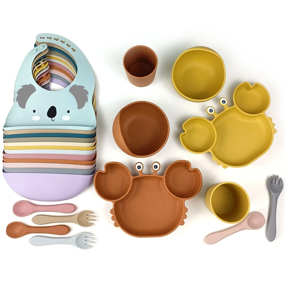 6 Pack Silicone Baby Feeding Set Silicone Cups Baby Bib Set Animal Pattern Printed Suction Bowl Dish Plate Silicone Baby Spoon