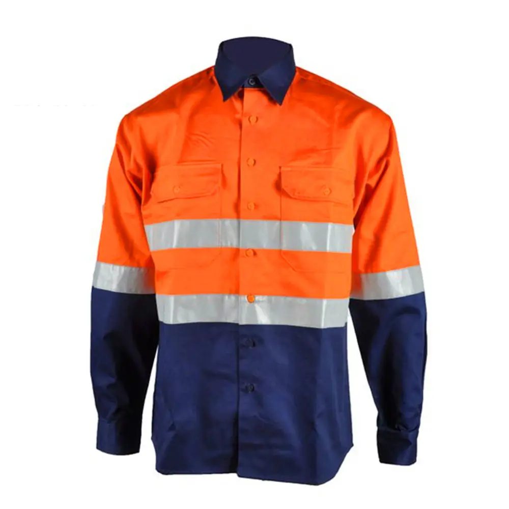 Custom Men Industrial Security Workwear Shirts Long Sleeve Hi Vis Cotton Construction Safety Reflective Works Shirt