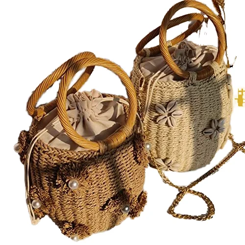 KALANTA Summer Flower Chain Handmade Rattan Beach Travel Dinner Woven Straw Bags for Women  Female Shoulder Casual Tote Handbag