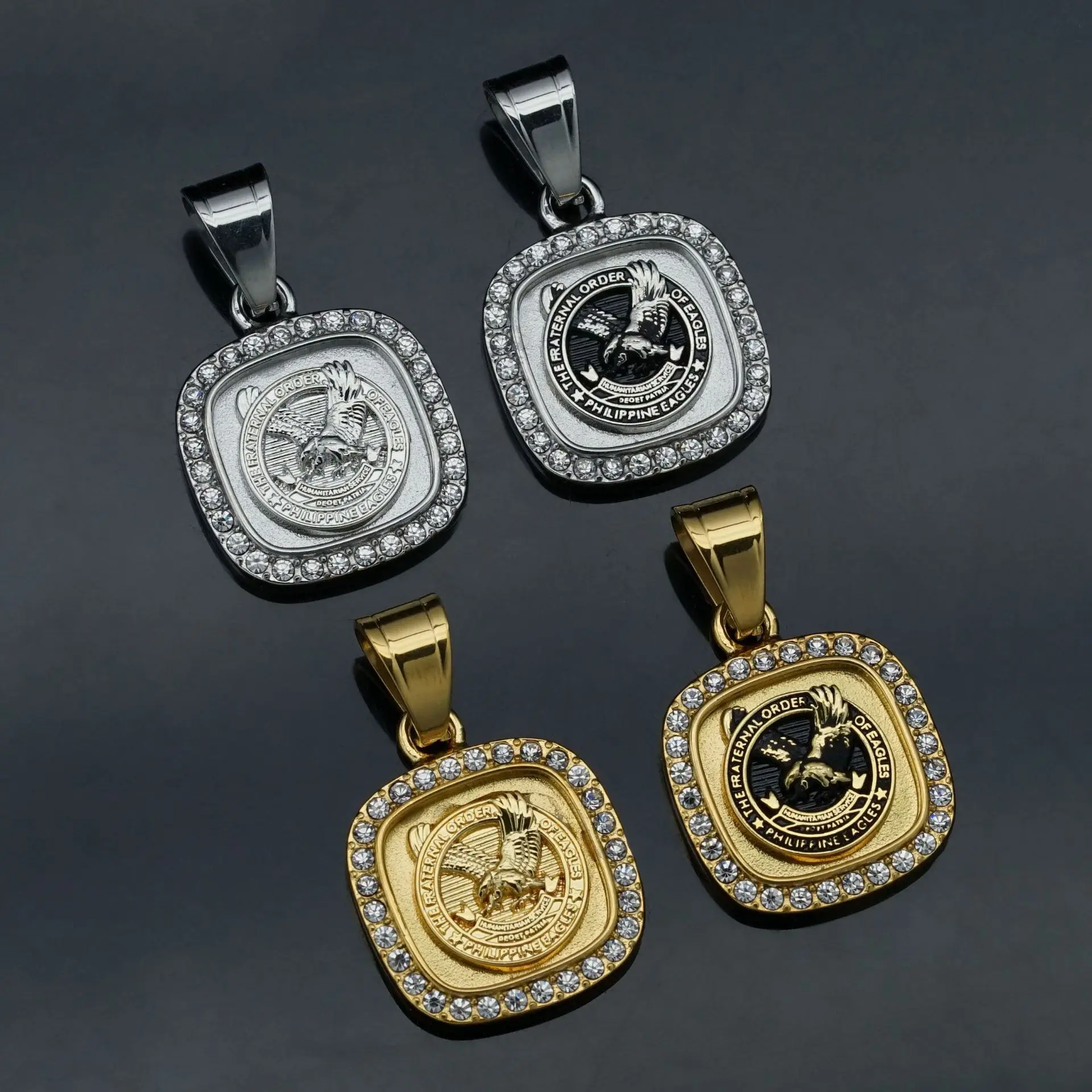 Hip Hop Animal Philippine Eagle Zircon Waterproof Tarnish Free Stainless Steel Jewelry Pendant Necklaces for Man Men Male
