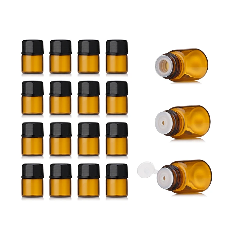 Hot Sale 1ml Mini Amber Glass Sample Bottles with Black Caps for Essential Oil, Chemistry Lab Chemical