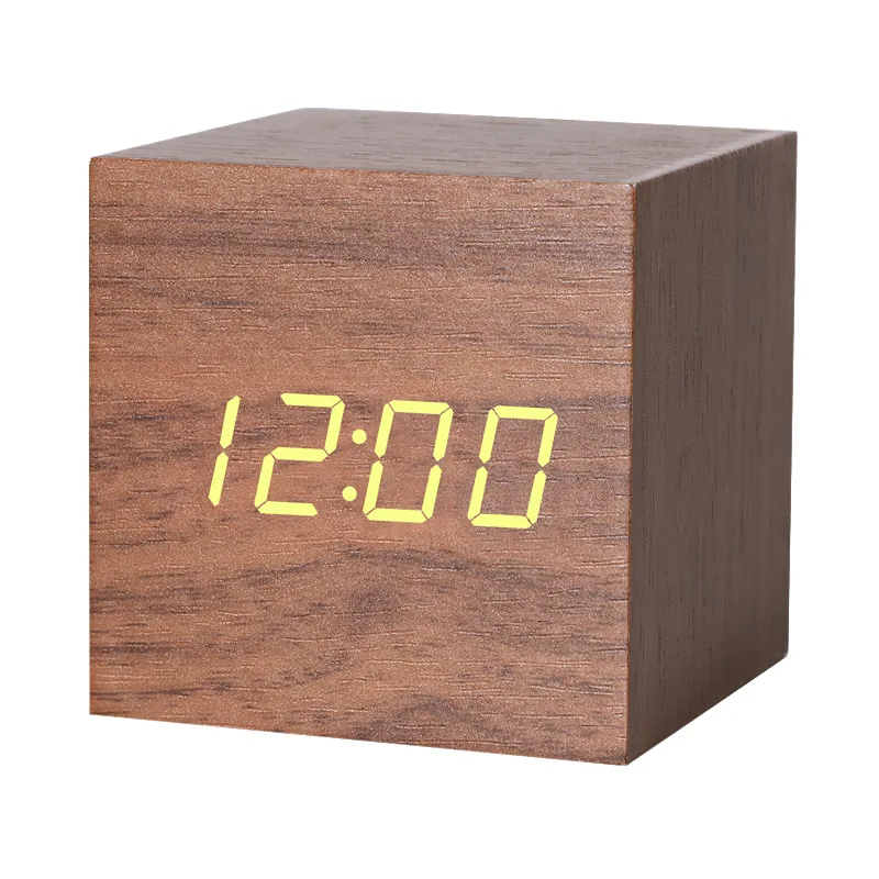 Small square wooden alarm clock living room bedside digital clock  voice-activated intelligent desktop electronic