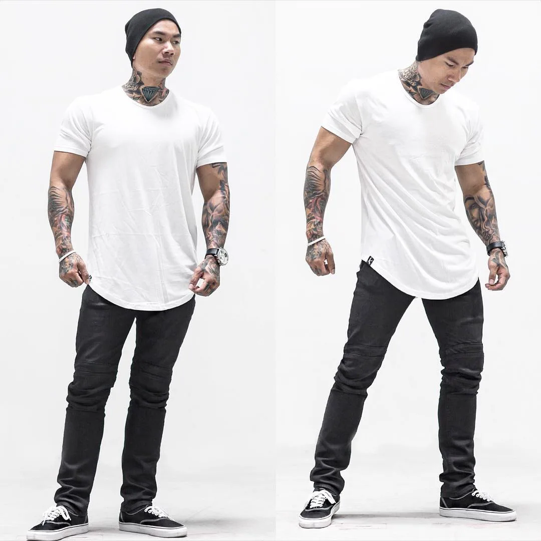 C1 Wholesale Custom Short Sleeves Plain Tshirt Mens Longline Curved Hem T Shirt