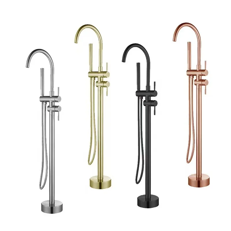 Luxury Floor Mounted Freestanding Bathtub Faucet With Handheld Spray Head Mixer Shower System Brass 2 Mode Bathroom Shower Set