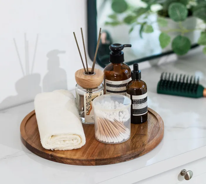 Farmhouse Rustic Round Acacia Wooden Turntable Decorative Coffee Table Trays Lazy Susan Gabinete Organizer