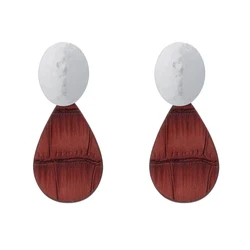 Hammered Oval Brass Black Brown Teardrop Crocodile PU Grain Leather Drop Earrings Women Jewelry