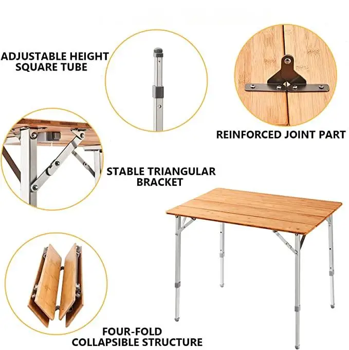 Adjustable Aluminium Alloy Legs, Eco-friendly Natural Bamboo 4- Folds Convenient Camp Table