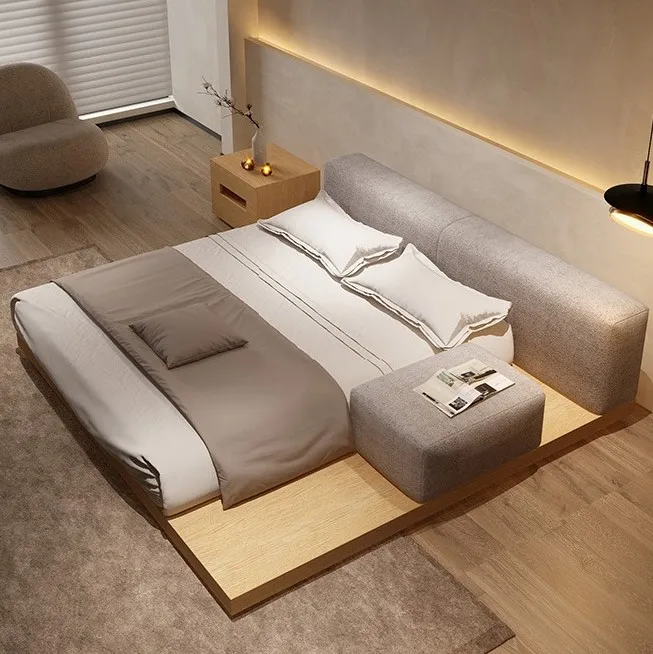 Nordic low wooden back stand king queen size modern bed with soft big headboard wabisabi style Bedroom Room Furniture Set