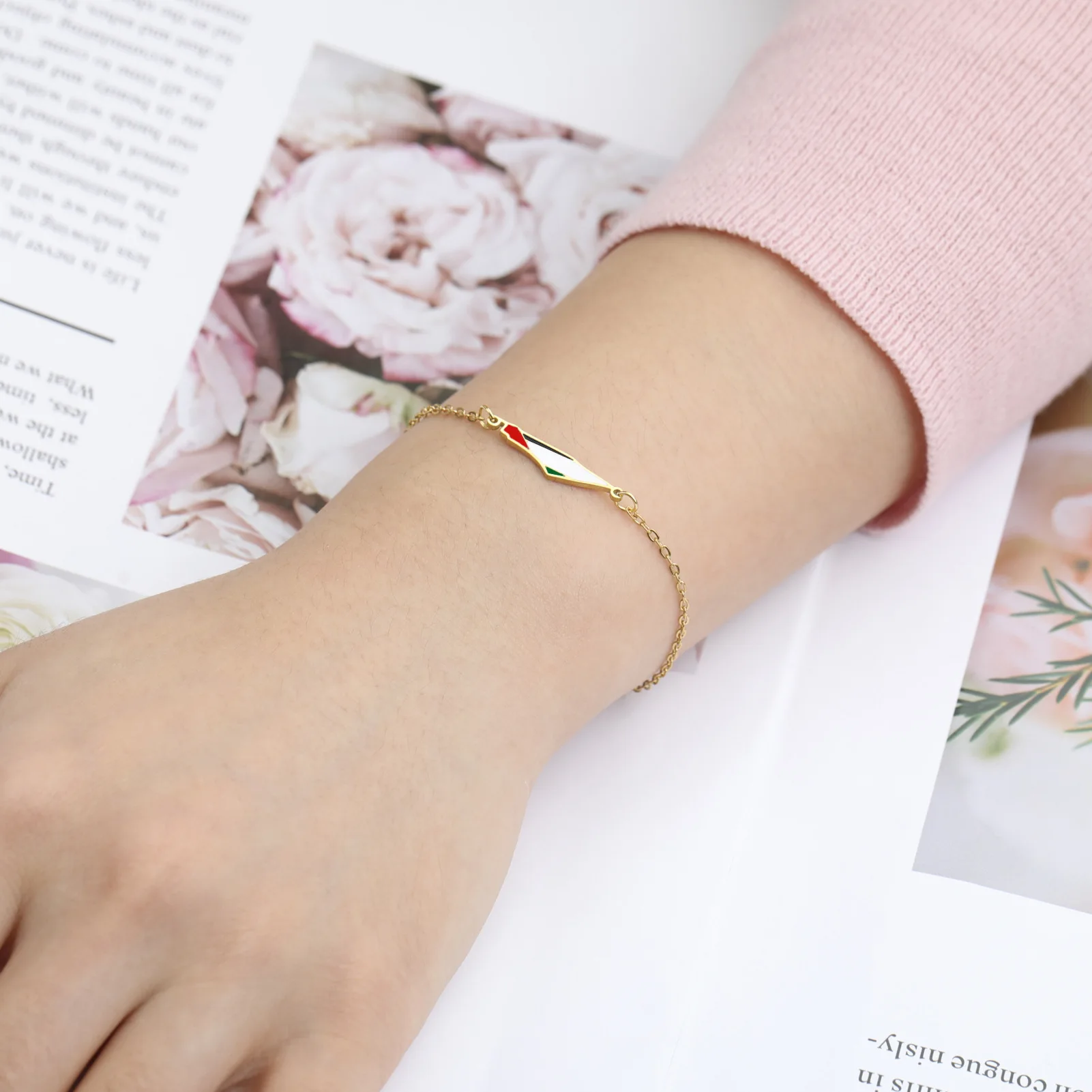 New Trendy Stainless Steel Palestine Map Charm Bracelets Double Layers Thin Chain Enamel Plastine Bracelets for Women Teen Girls