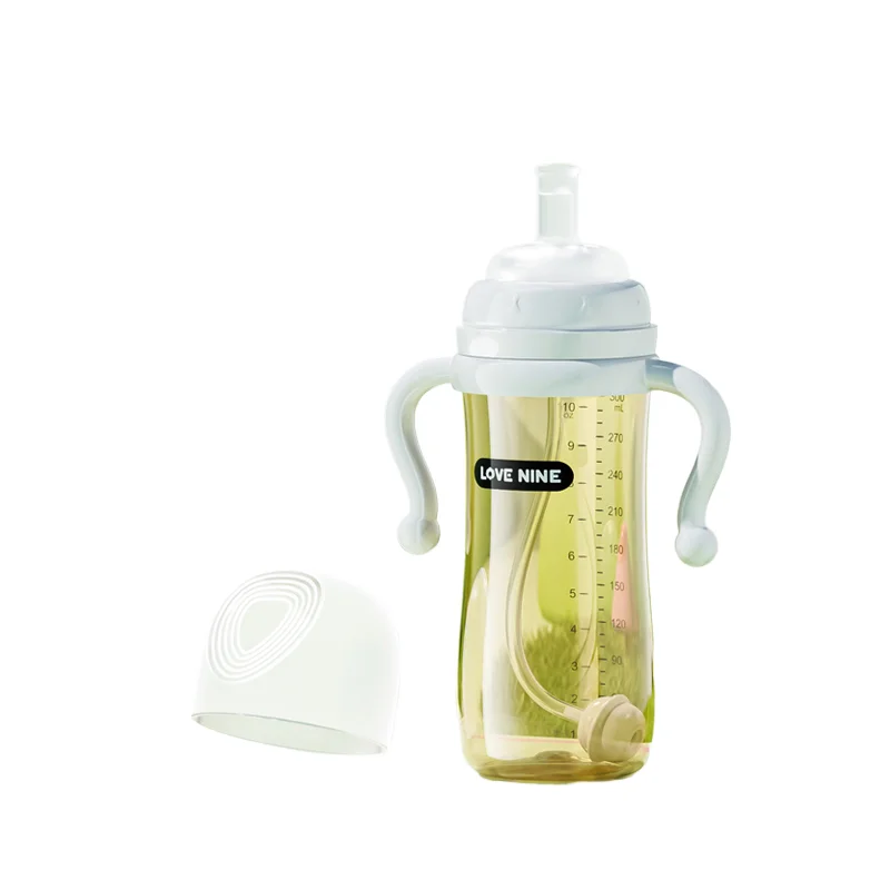 300ml BPA Free anti-flatulence PET baby bottle Silicone pacifier with handle and straw bottle