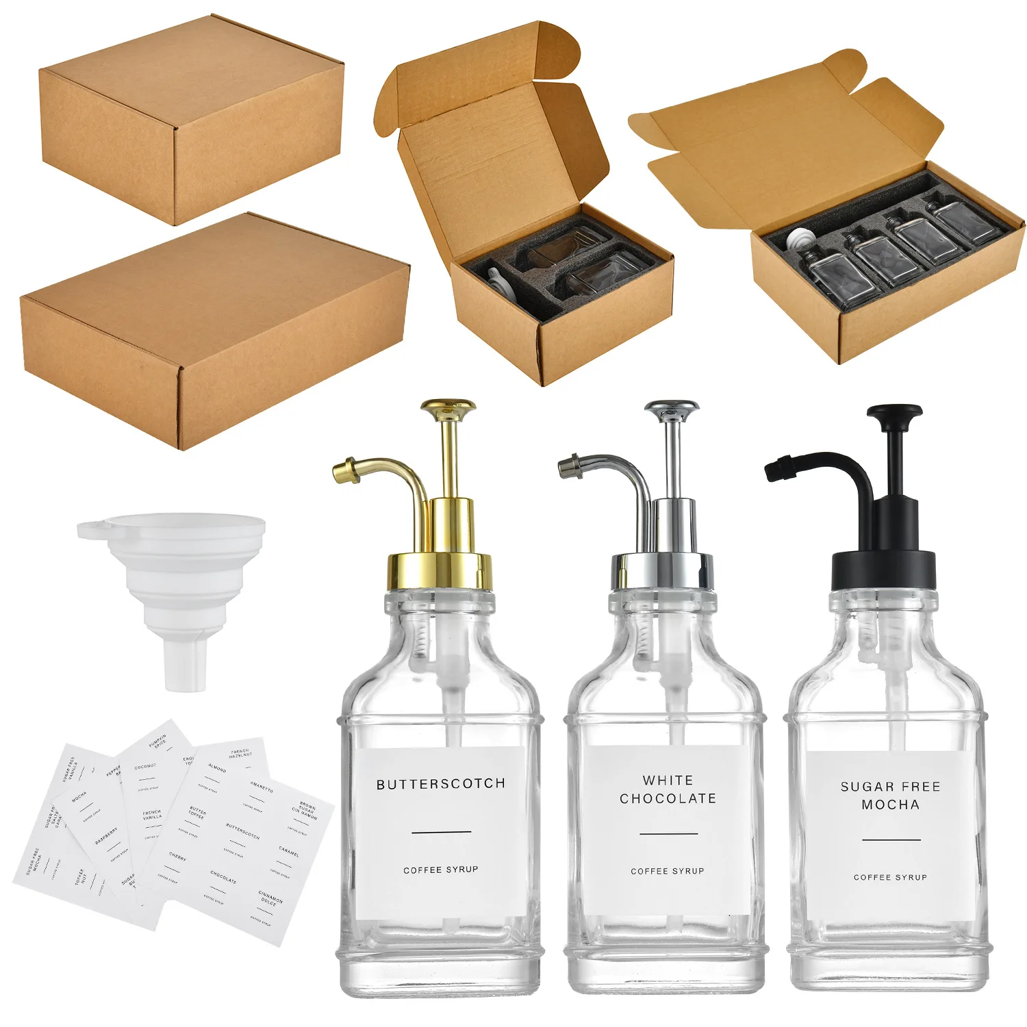 500ML Coffee Syrup Dispenser for Coffee Bar Coffee Pump Dispenser Glass Syrup Bottle Pumps with Labels