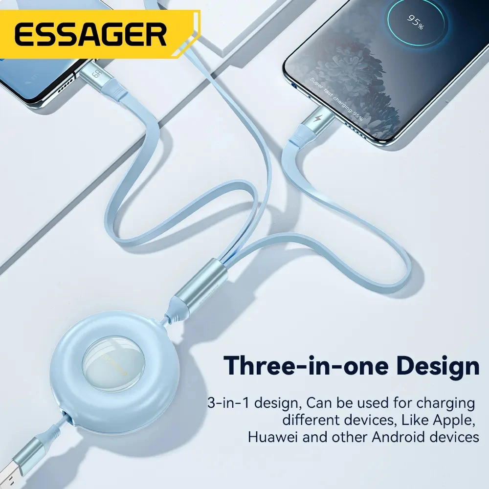 Es-ager 6A 3 in 1 USB Cable Fast Charger 66W Type C Wire Micro Data Cord For iPhone 14 Samsung Xiaomi Huawei Poco Quick Charging