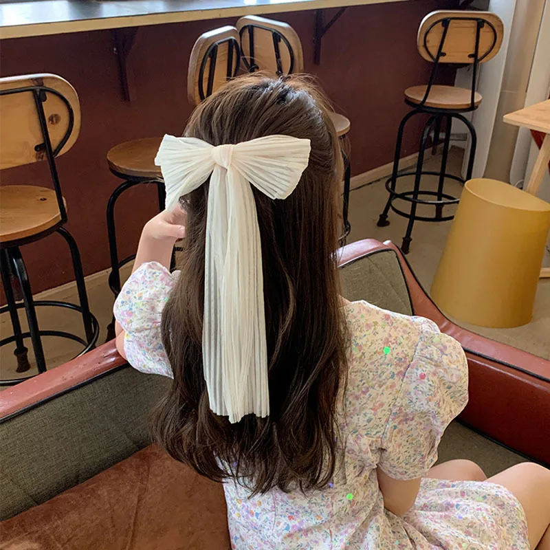 Long Super fairy white bow hair clip back head temperament silk yarn spring clip net red ribbon hair clip