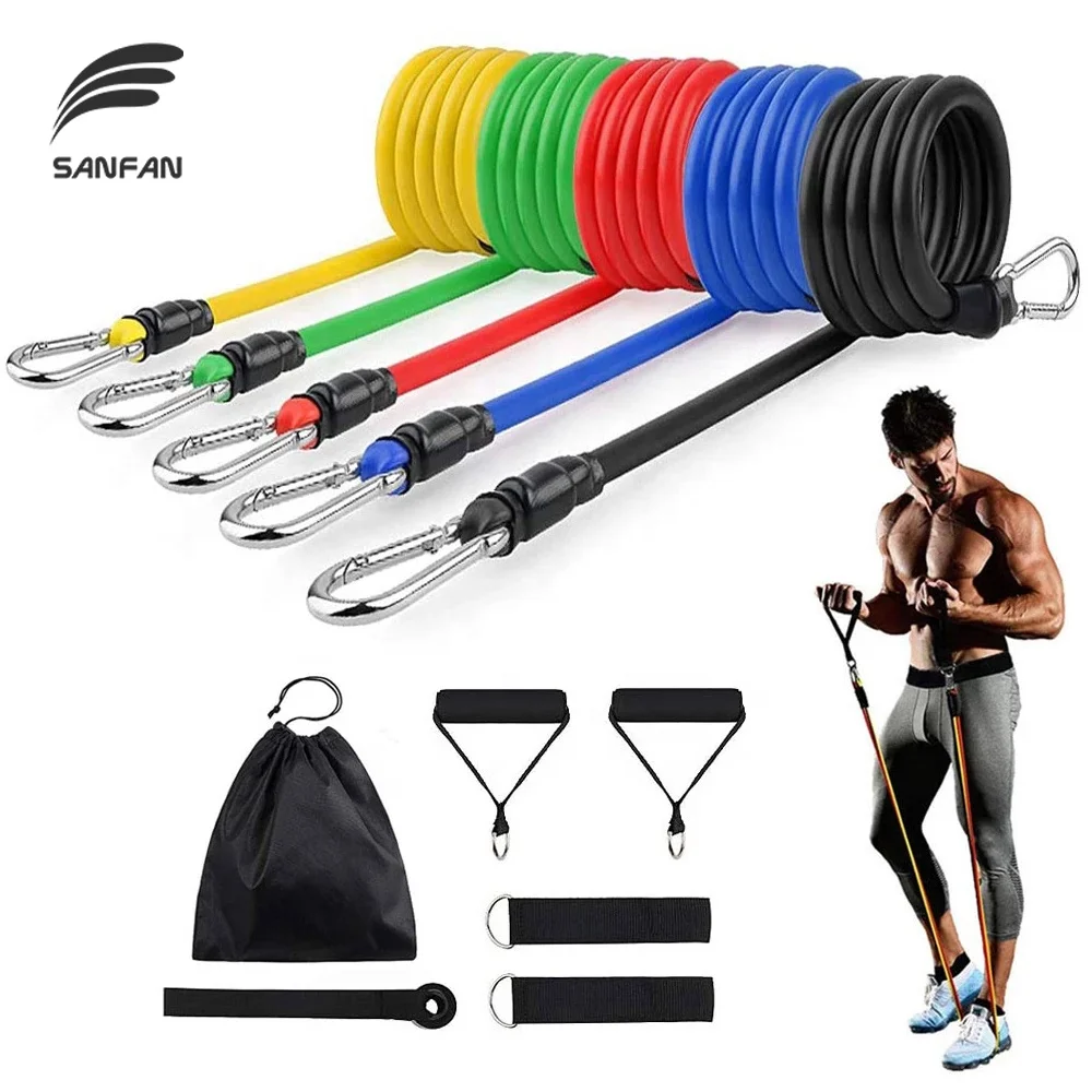 SANFAN high quality elastic custom portzon latex gym fitness exercise resistance bands set 11pcs