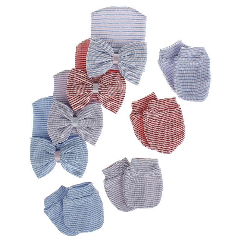 Hospital Infant Beanie Hats Baby Scratch Mitten Gloves Newborn Caps Mittens Set with