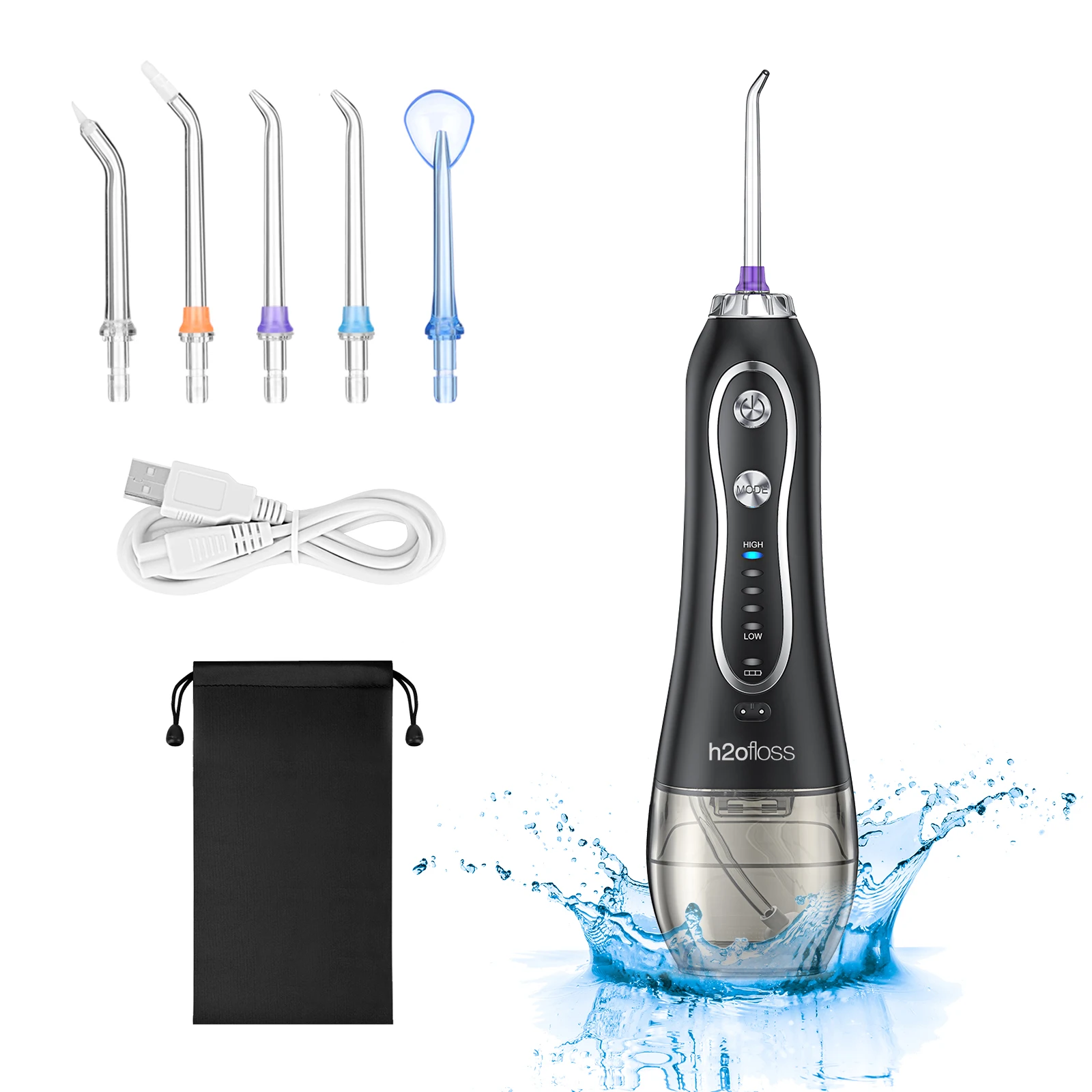 H2ofloss Portable 2500mAh Black Electric IPX7 Waterproof Dental Flosser 300ml Water Teeth Cleaner