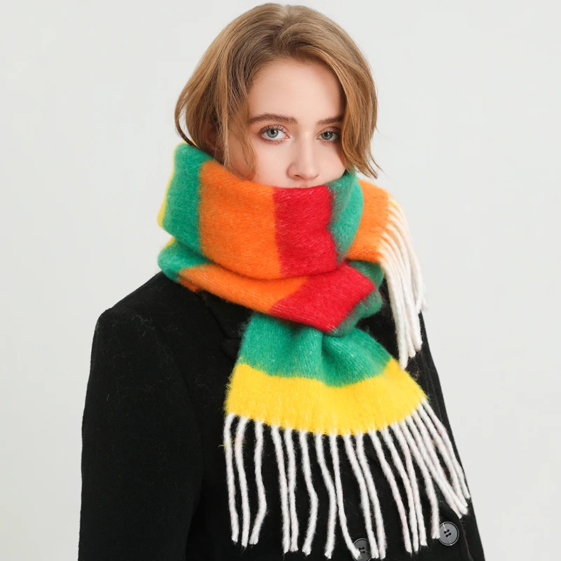 Fashion Thick Warm Scarf for Women Striped Print Long Imitate Cashmere Blanket Stoles Girls Rainbow Pashmina Bufanda With Tassel
