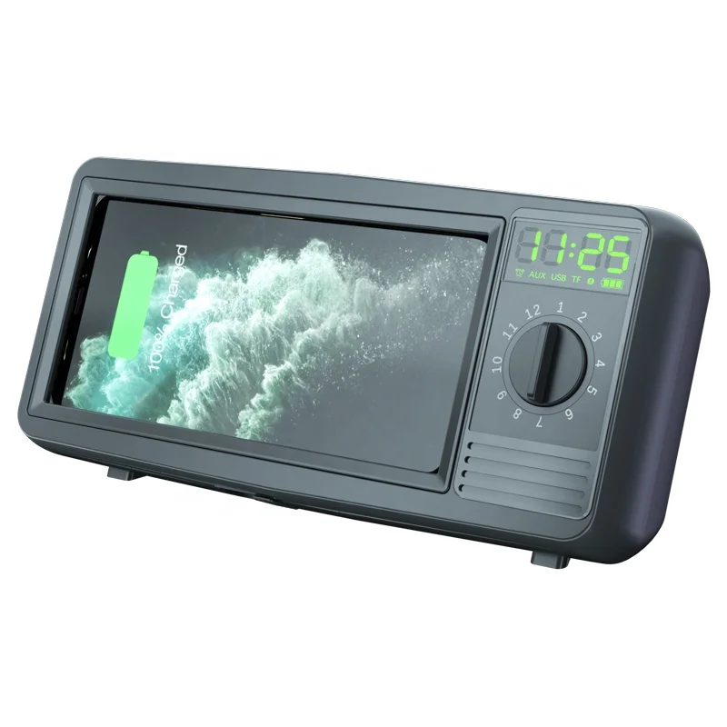 
Custom Logo Retro TV Speaker Desktop Qi Fast Wireless Charger Stand with Clock / Alarm Function 
