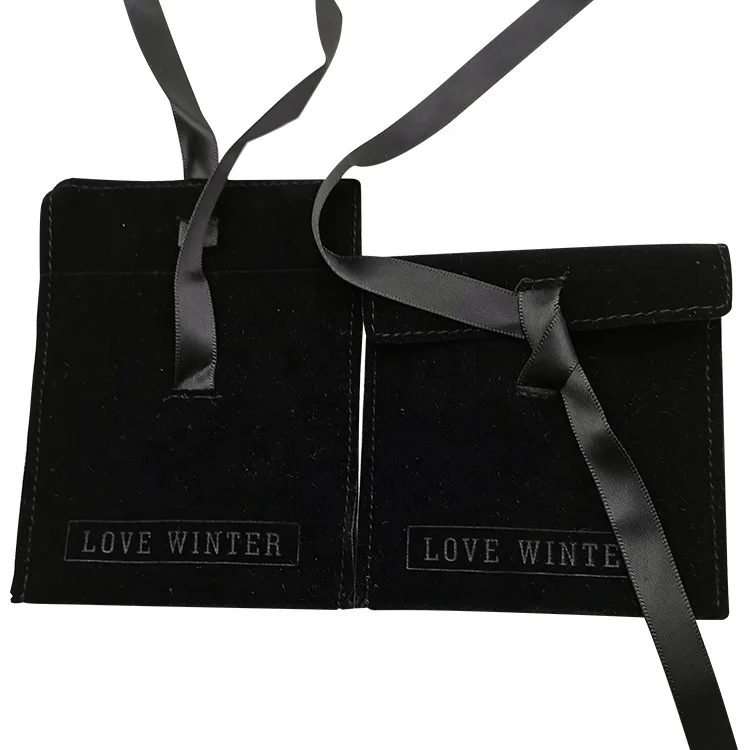 Custom Embossed Logo Small Jewelry Packaging Pouch Black Velvet Bag Suede Jewelry Envelopes Pouch Jewelry Organizer With Bow