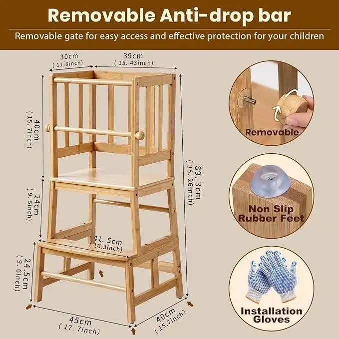 Modern Furniture Custom Bamboo Kids Kitchen Step Stool Safety Durable Wooden Standing Learning Tower