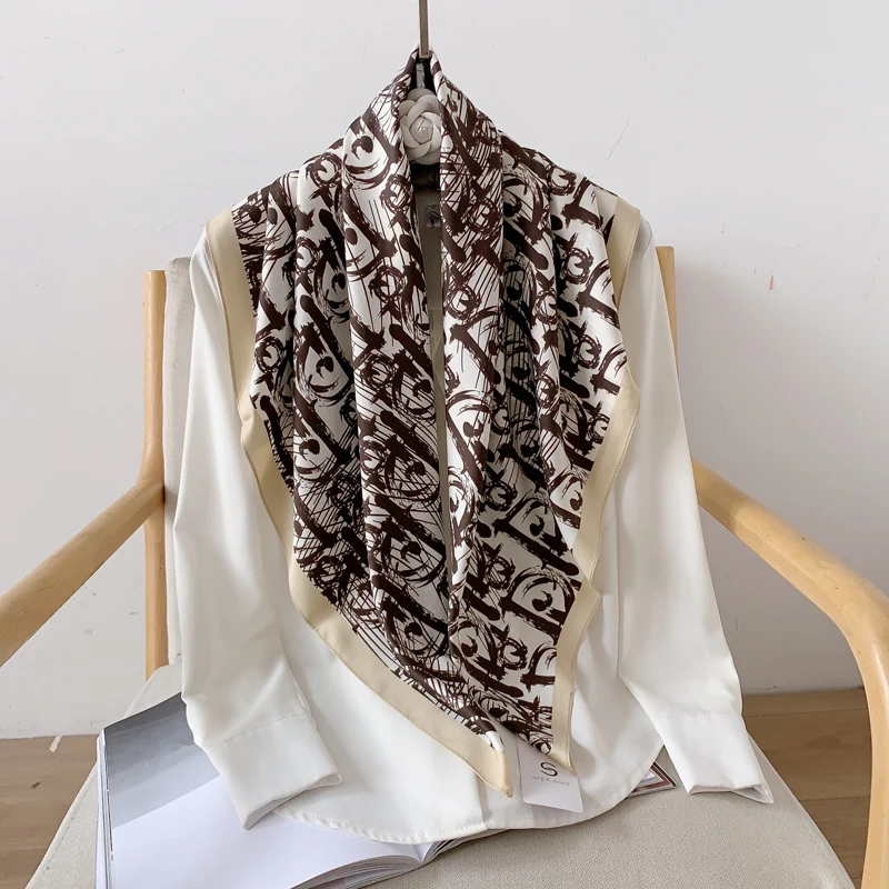 Hot Sale Custom Luxury 90cm Silk Scarf Luxury Brand Designer Hair Scarf Print Head Scarf Large Handkerchief Hijab Shawl