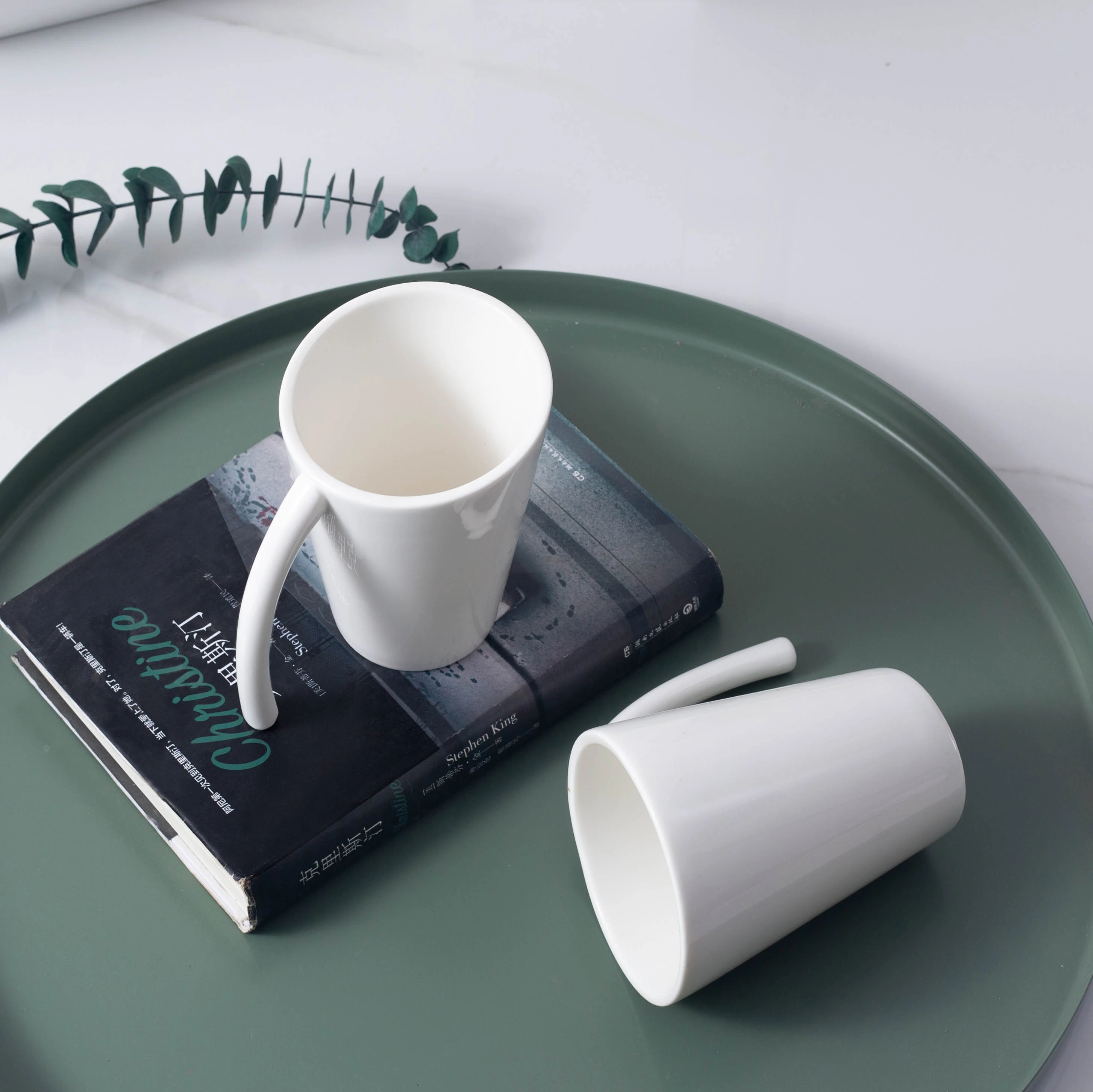 Modern white Bevel porcelain cup with handle minimalist large capacity ceramic mug