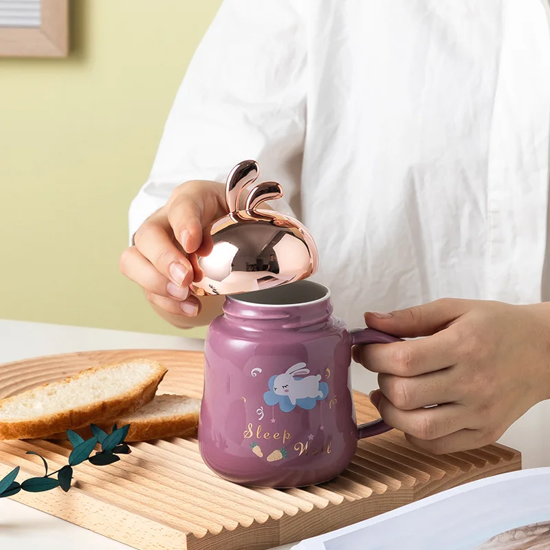 Creative personalized cute animal cartoon rabbit ceramic mug mirror kids coffee cups and funny mugs unique for children and girl