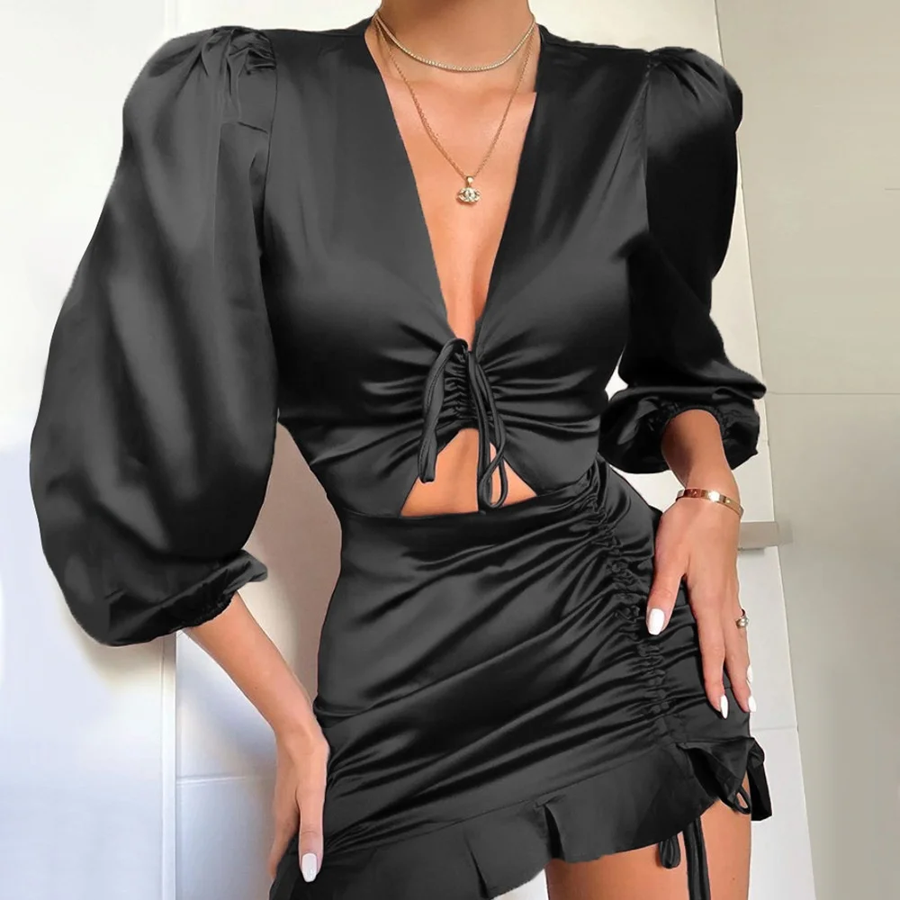 Women Leopard Print Dress V-neck Long Sleeve Sexy Bodycon Mini Ruffle For