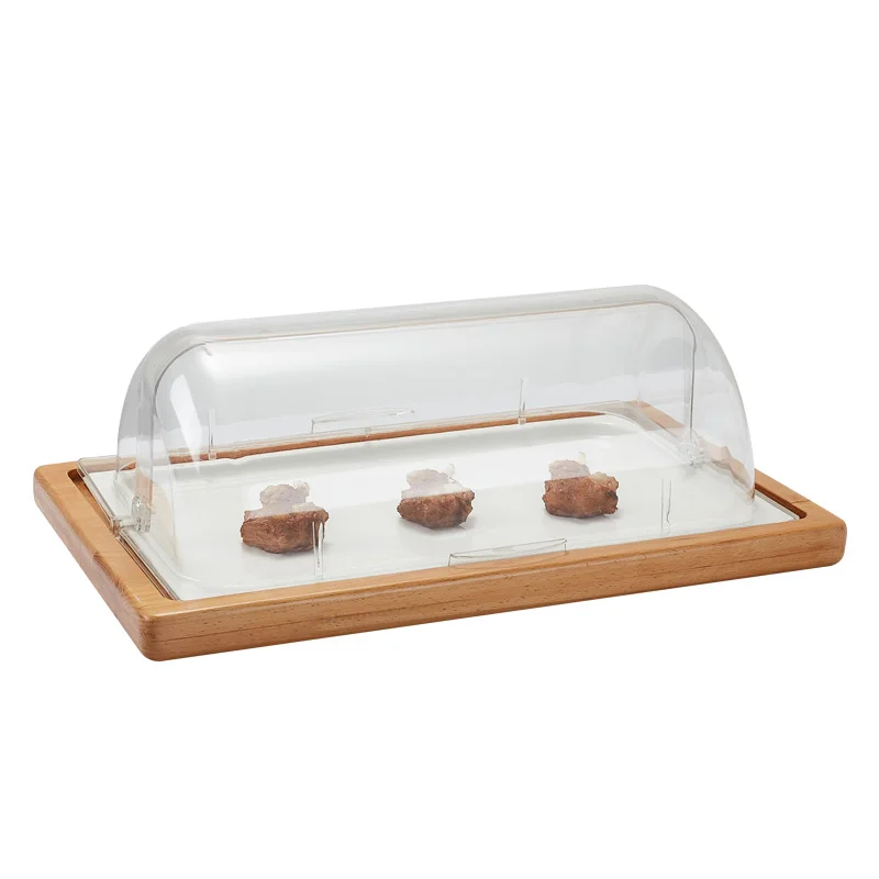 Restaurant Buffet Catering Cake Display Acrylic Cover Wooden Bases Cake Stand with Dome Carton Box OEM 5 Piece Multiple Models