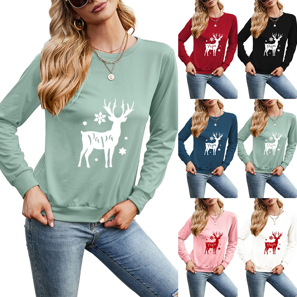 Multicolor Plus Size O-Neck Long Sleeve Christmas Elk Print T-Shirt Christmas Costume