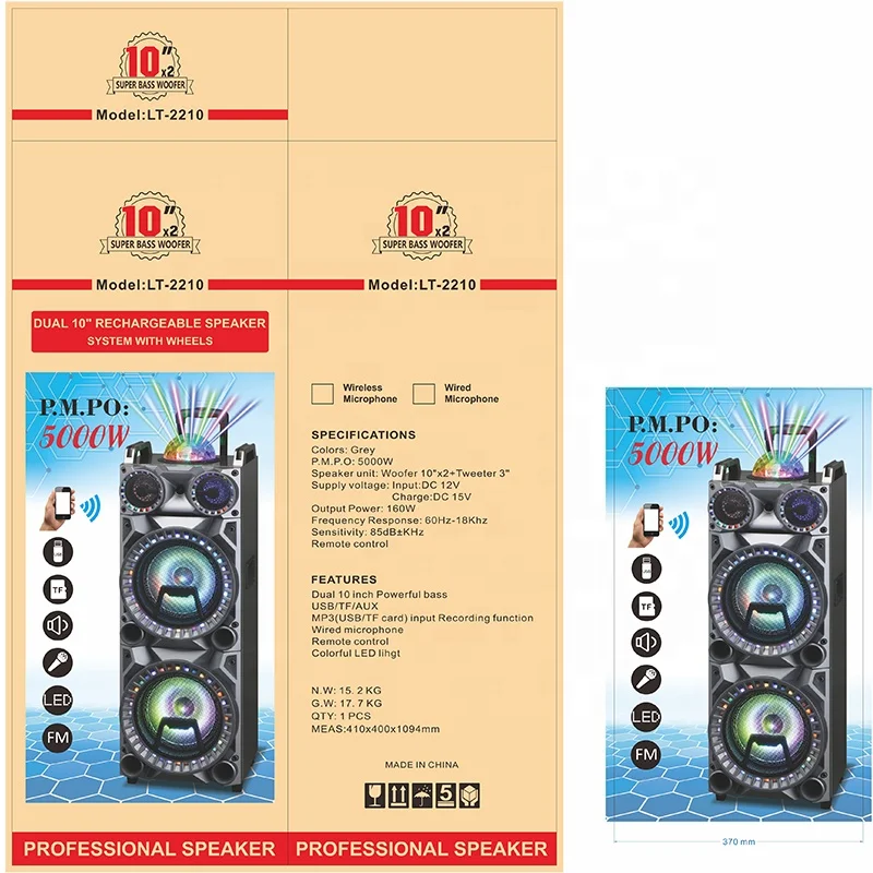 double 10inch BT  dj flashing light usb karaoke portable speaker  trolley wooden rechargeable speaker