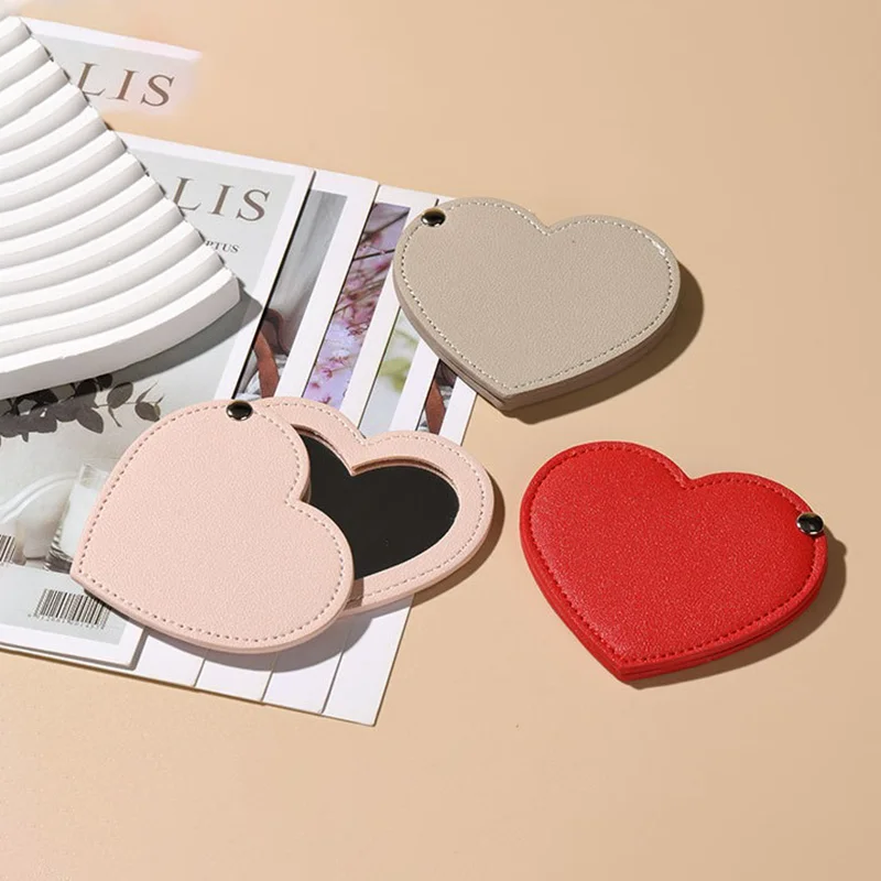 Mini Ultra-thin PU Leather Cosmetic Mirror Unbreakable Makeup Tool Travel Heart Shaped Portable Mirror