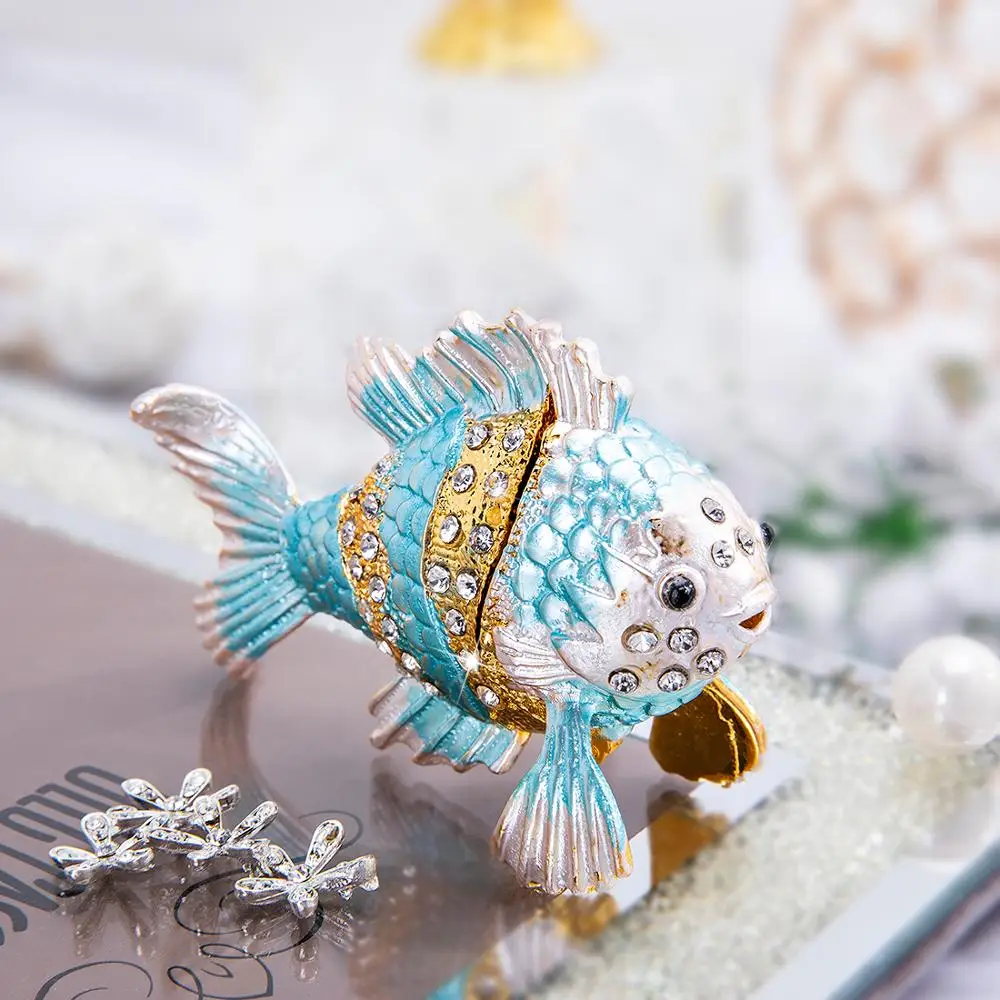 H&D Tropical Fish Trinket Box Hinged Hand-Painted Animal Figurine Collectible Ring Holder