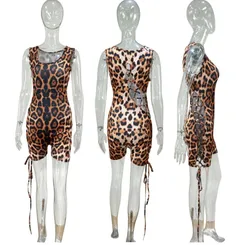 2022 Summer overall Jumpsuit Women u neck sleeveless leopard tie die camo ribbed strappy shorts jumpsuit